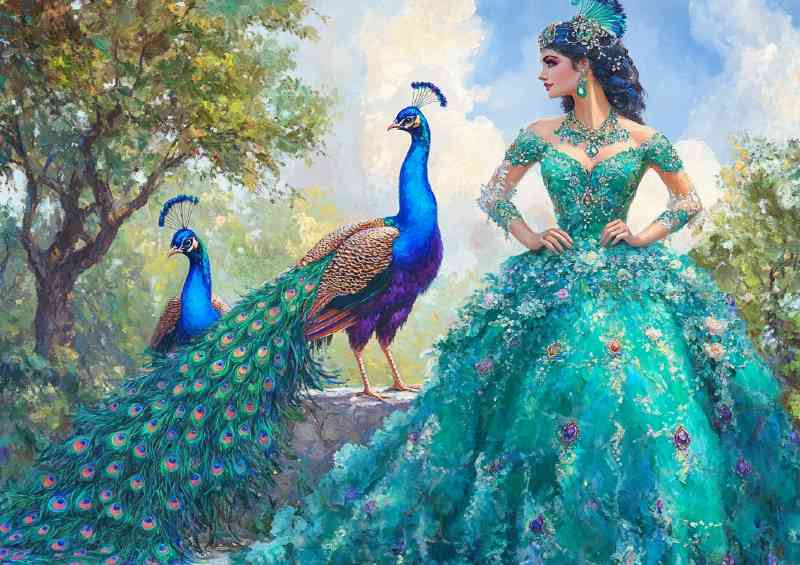 Beautiful woman in an emerald dress with peacocks