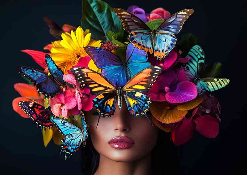 Beautiful woman with colorful butterflies and flowers