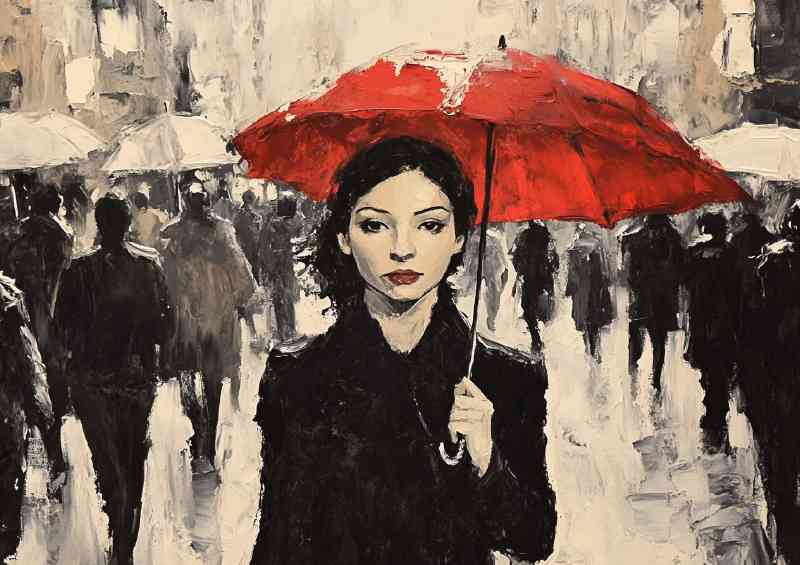 Black and white painting of a woman with a red umbrella