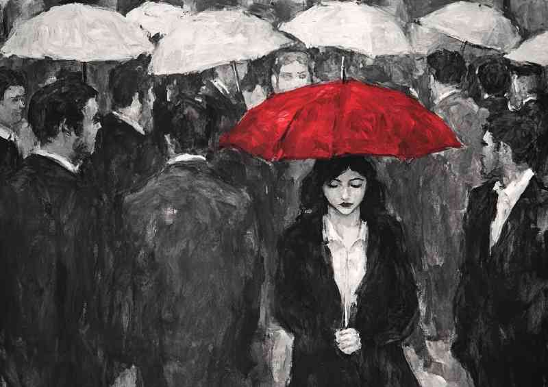 Black and white painting of a woman with a red umbrella standing out