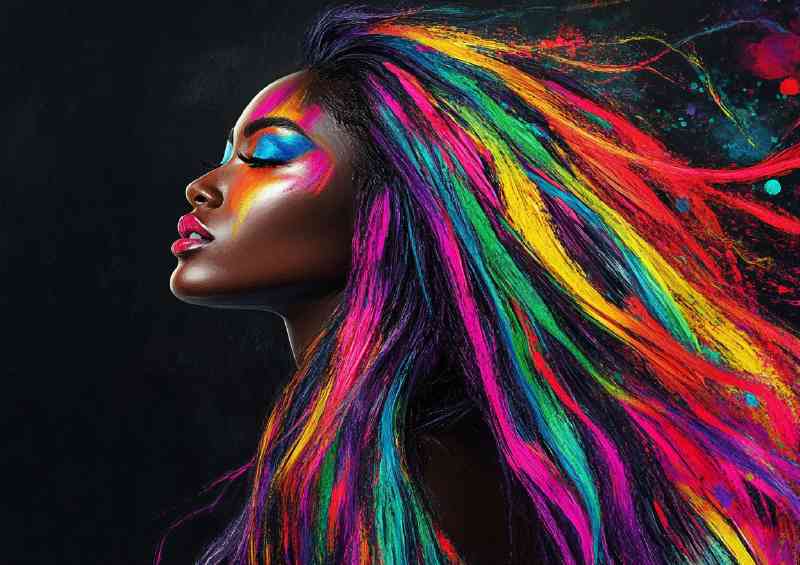 Black woman with long colorful hair vibrant colors flowing