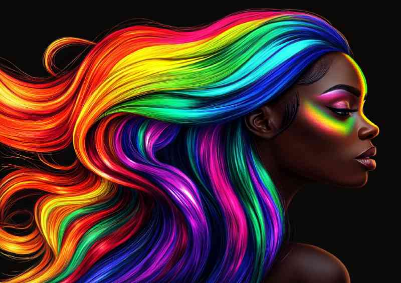 Black woman with long vibrant colorful hair depicted