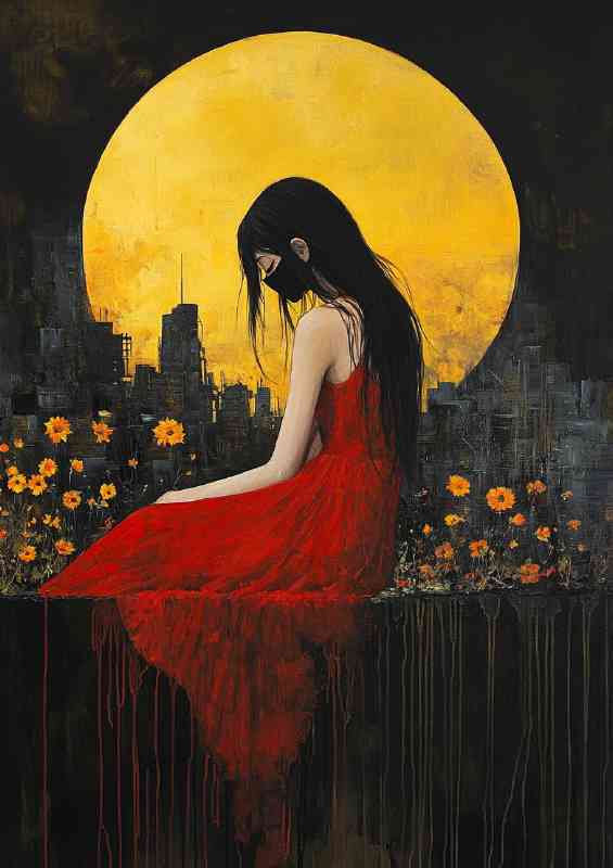 A girl in a red dress sitting on a wall