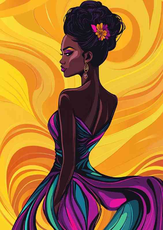 African woman in an elegant dress standing proud