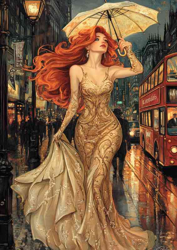 Beautiful woman with long red hair in an elegant golden dress