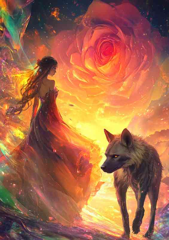 Girl in a long dress and a hyena walking together towards flower