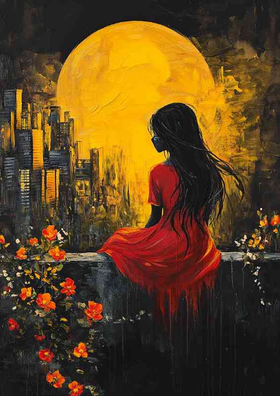 Girl in a red dress sitting on a wall a painting yellow moon