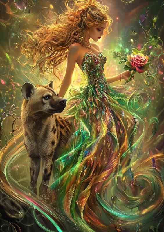 Girl in an iridescent dress walks with hyena dog