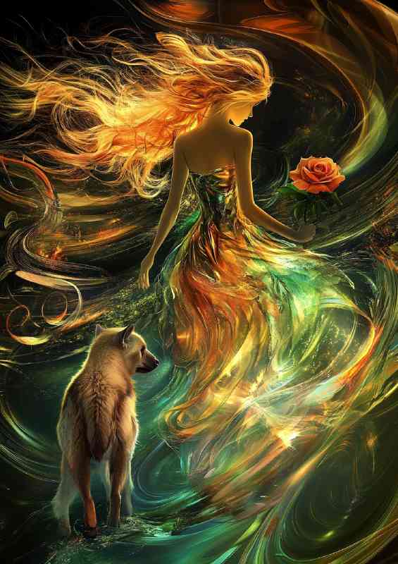 Girl in an iridescent dress walks with the wolf