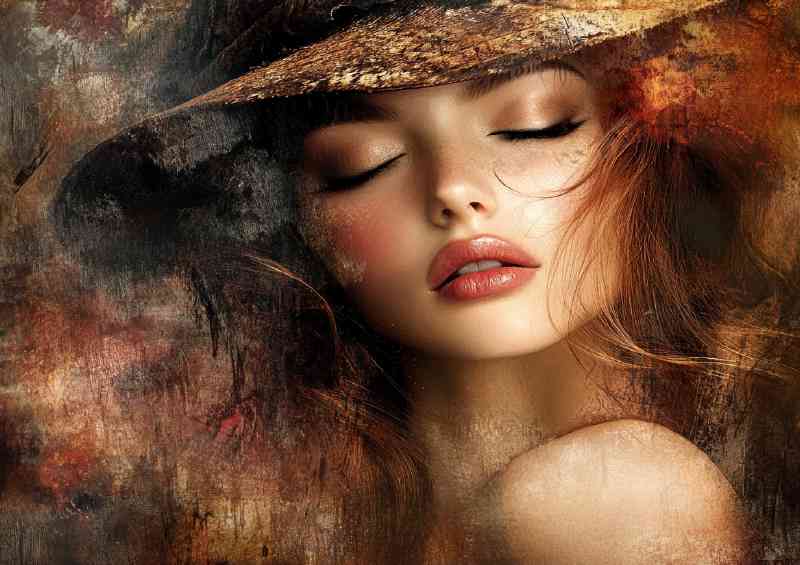 A beautiful woman with closed eyes wearing an elegant hat