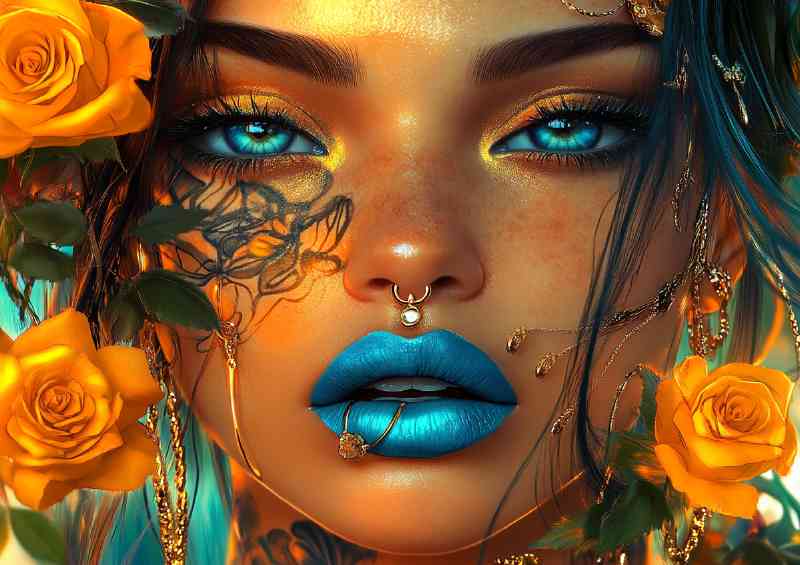 Cyberpunk woman with blue lipstick gold
