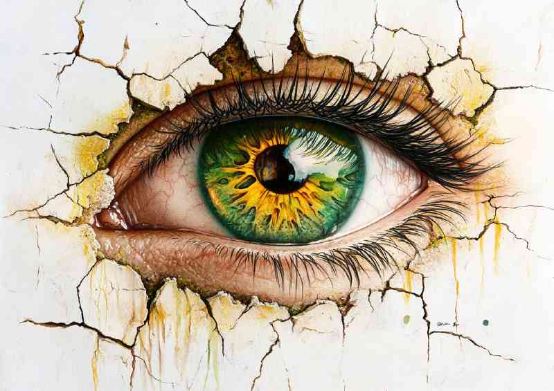 Eye with green and yellow iris cracked wall art