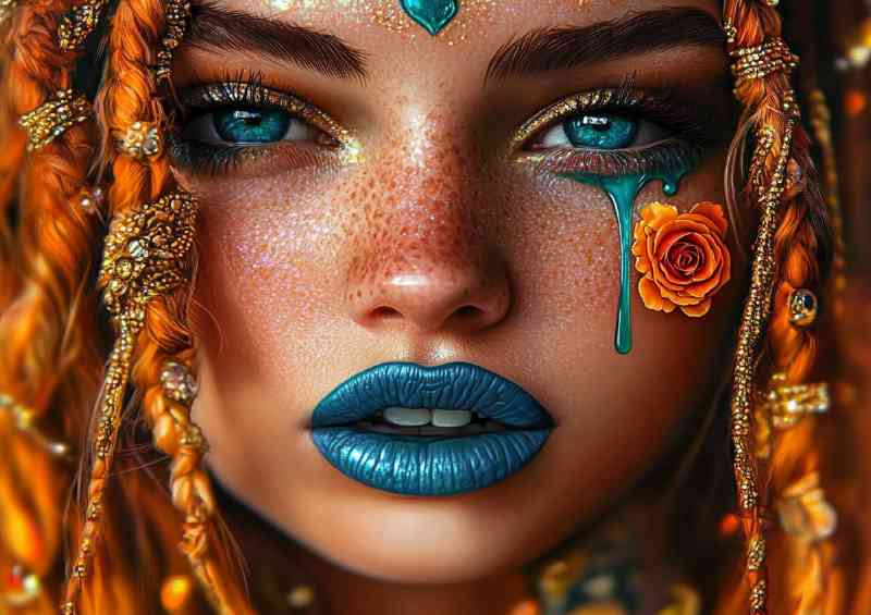 Girl with blue lipstick gold and orange braded hair