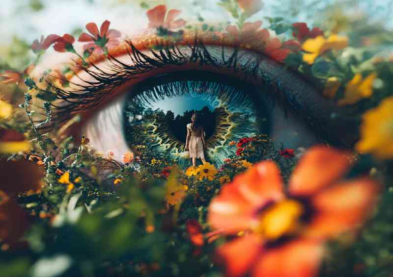Photograph of an eye with a tiny girl standing flowers