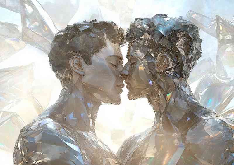 Two human bodies made of glass kissing and touching