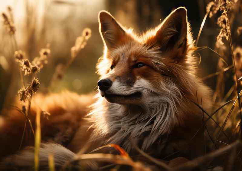 Red Fox Laying in the grass at sunset