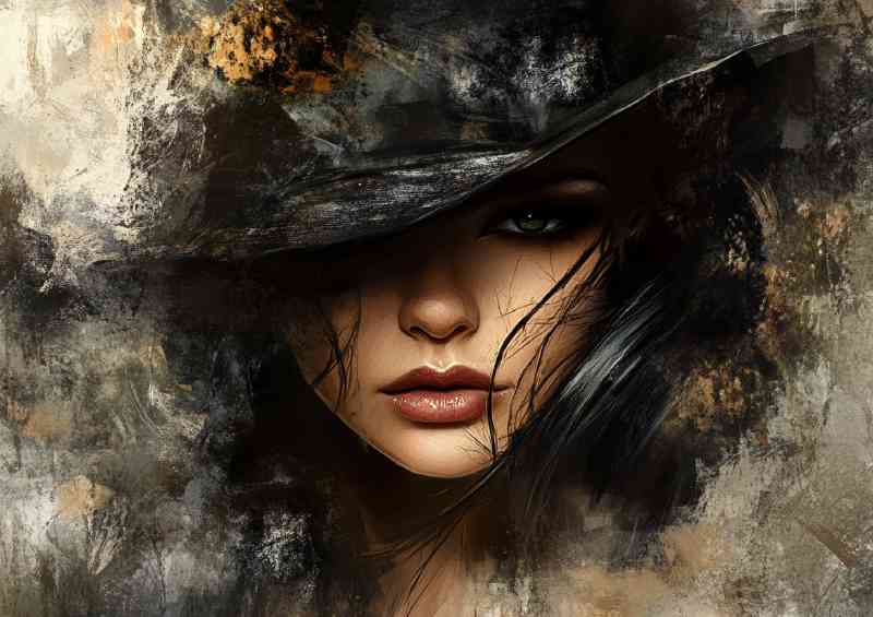 Woman black hat in the style of an oil painting