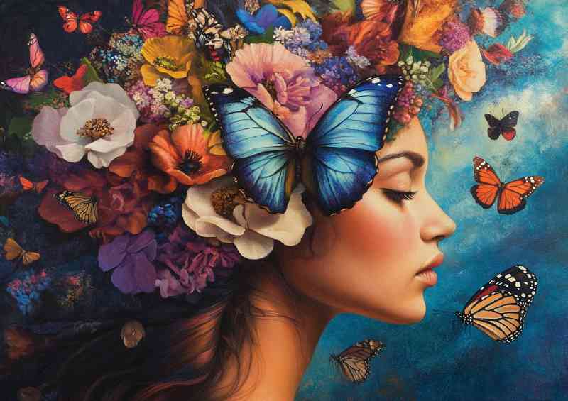 Woman with butterflies and flowers