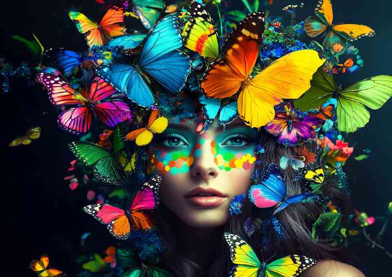 Woman with colorful butterflies and flowers