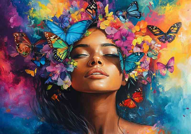 Womans face with butterflies and flowers