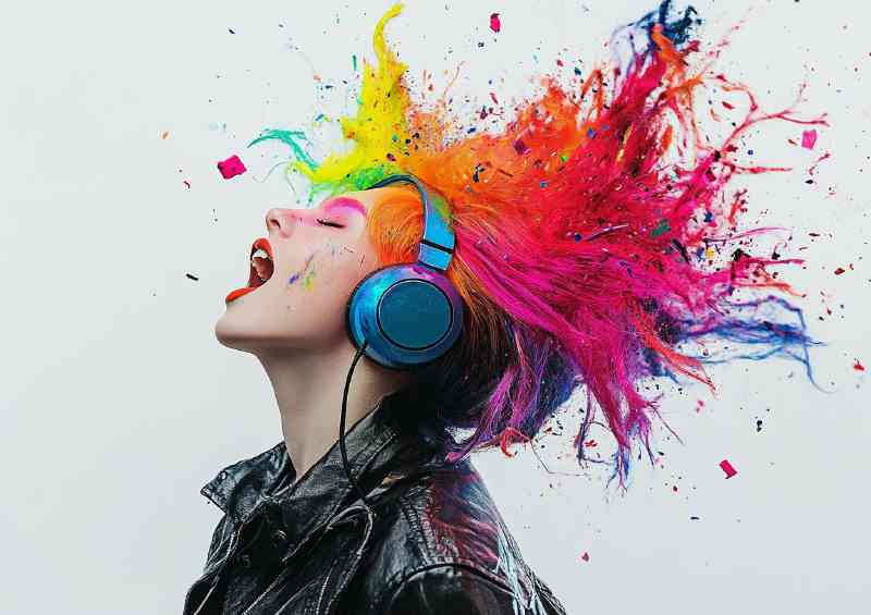 woman with headphones singing colorful hair