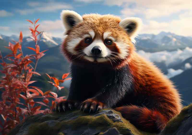 Red Panda Art style in the mountains