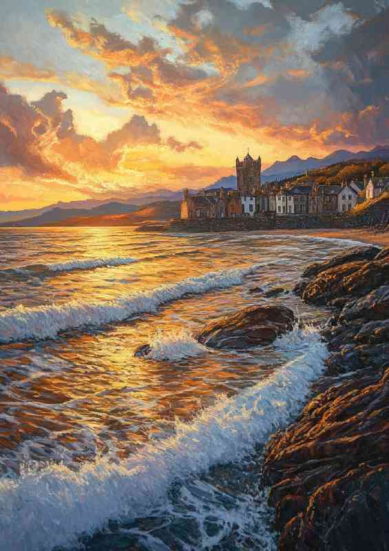 A beautiful oil painting of the sunset over Barmouth beach