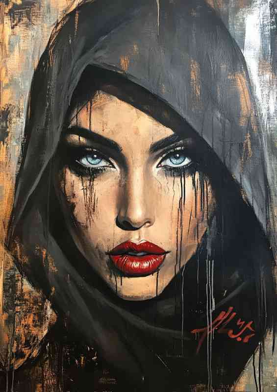 A portrait of an Iranian woman wearing a hood red lips