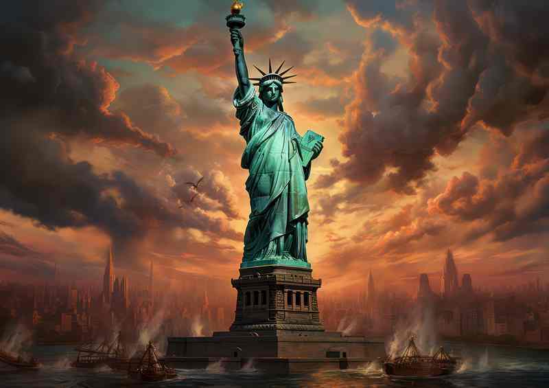 The Statue Of Liberty Swirling Skies Freedom