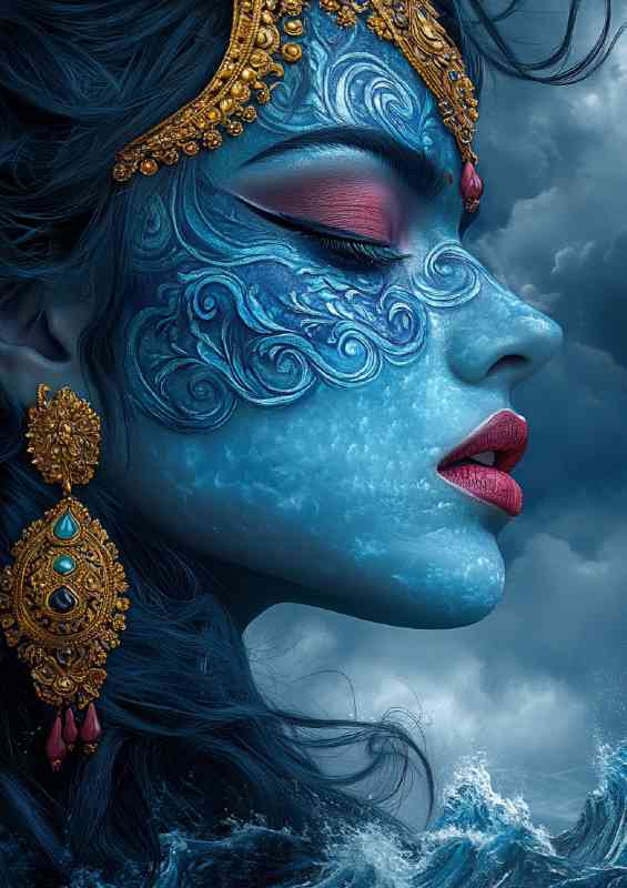 Beautiful Indian woman with blue skin ocean waves