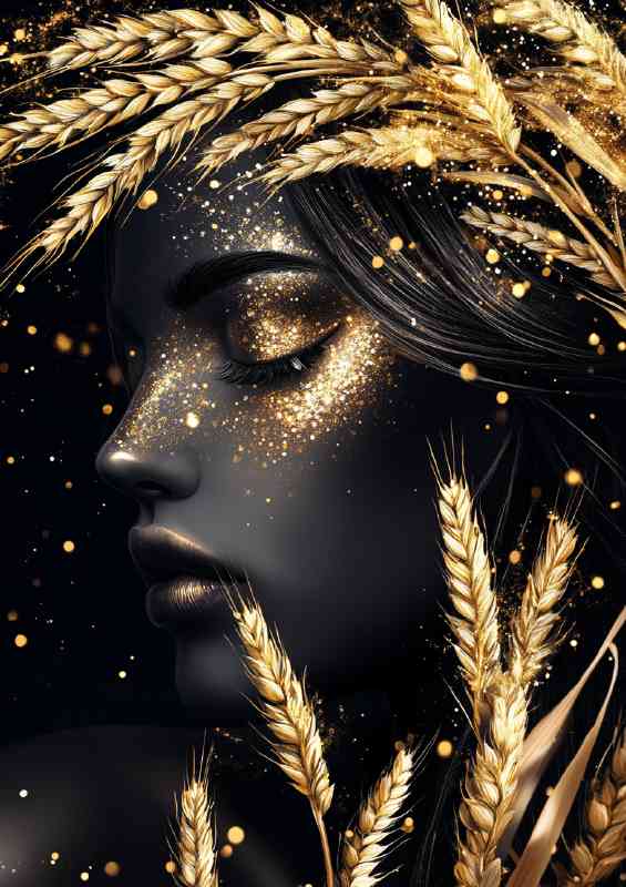 Beautiful black and gold goddess with wheat glitter