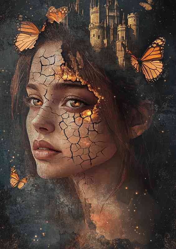 Beautiful girl with cracked skin and ethereal details and butterflys