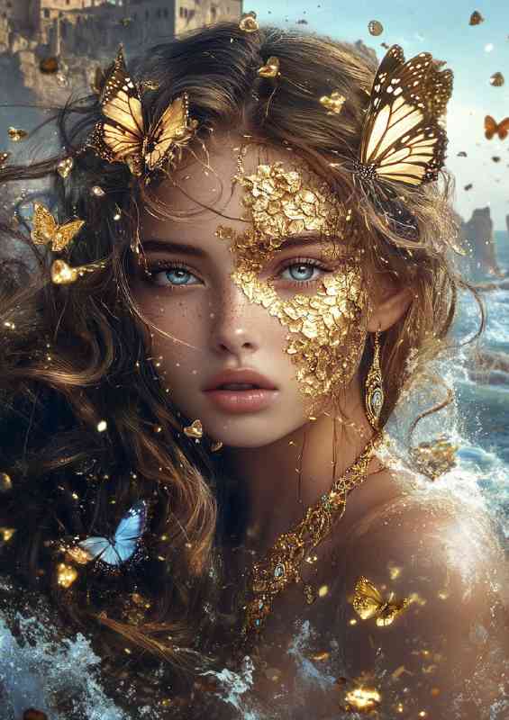 Beautiful girl with golden cracks on her face butterflys in her hair