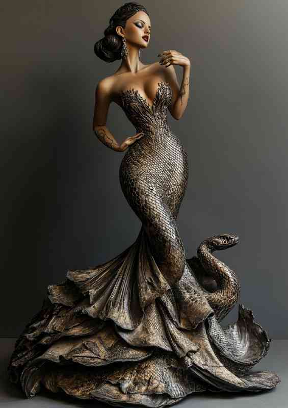 Beautiful woman wearing an elegant dress made of snake