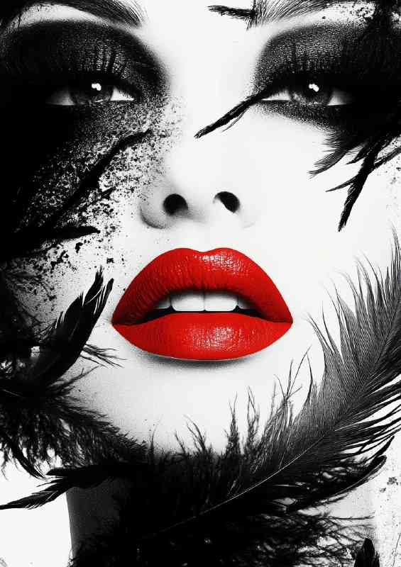 Black and white portrait with red lipstick eyelashes