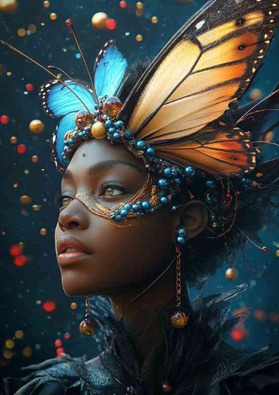 Black woman with butterfly wings on her head