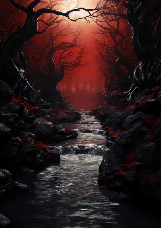 Dark Red Dusk with Forest Silhouettes
