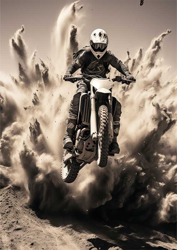 Dirt Bike Flying With Explosion Black And White
