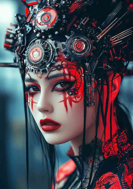 Cyberpunk woman with red and black tribal