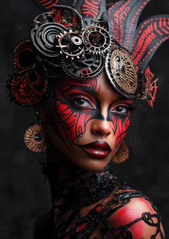 Cyberpunk woman with red and black tribal markings