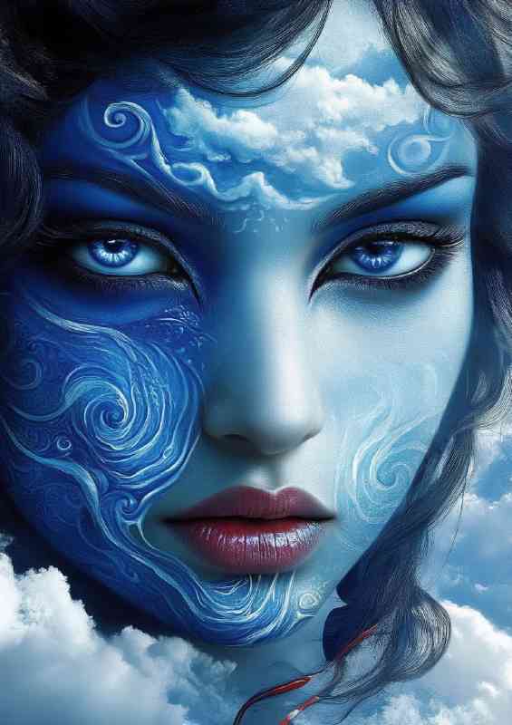 Indian woman with blue skin ocean waves