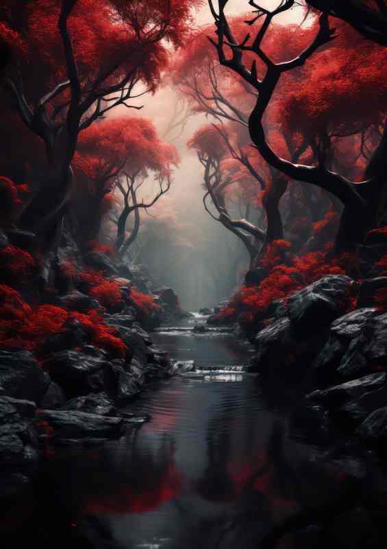 Eerie Twilight Above Red Sky Forest