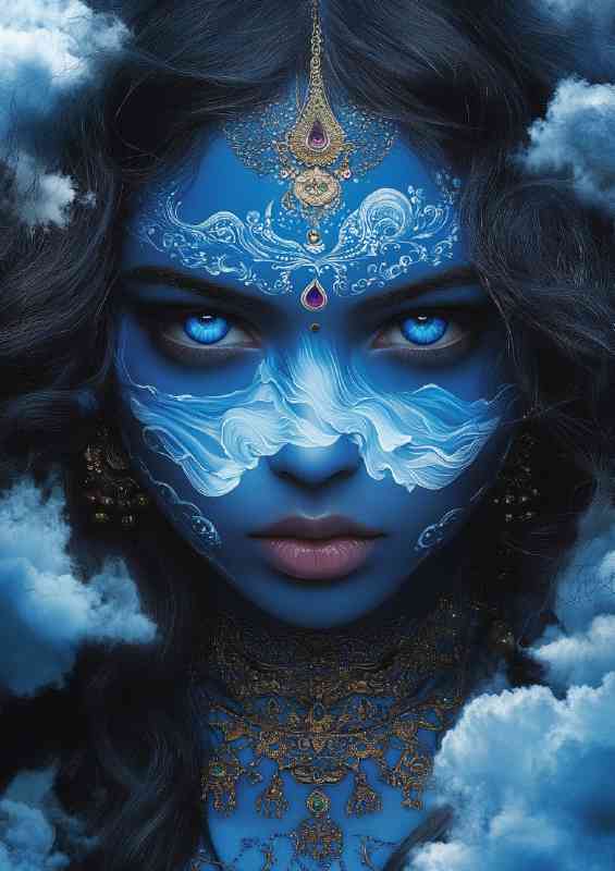 Indian woman with blue skin ocean waves and clouds