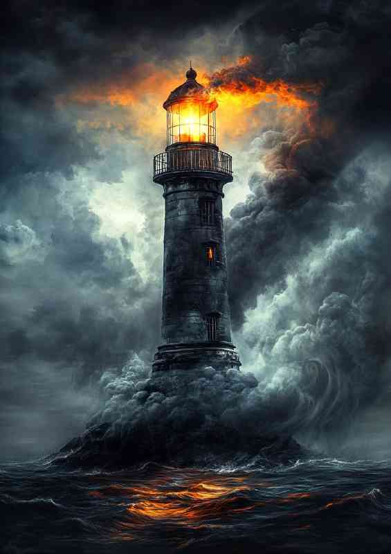 Lighthouse on an island a glowing orange light shine