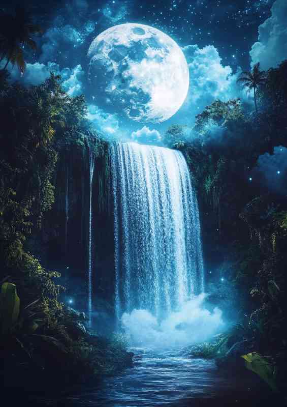 Magical waterfall cascades down from the night blue sky