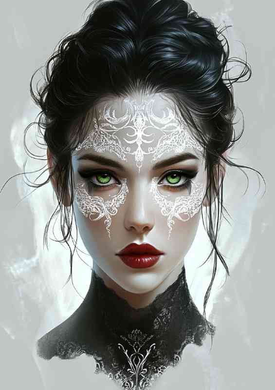 Mysterious and beautiful woman with green eyes black hair
