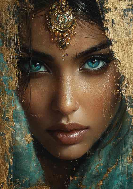 Painting of an Indian woman with blue eyes and gold