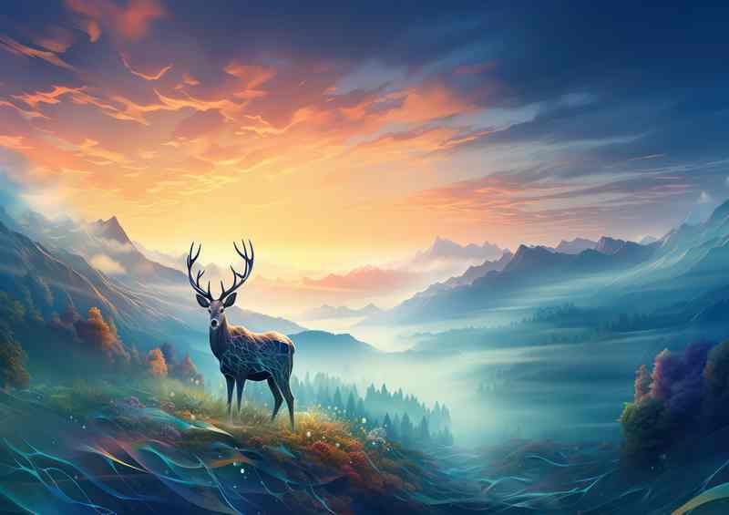 Stag deer and field with a misty sunrise in the morning