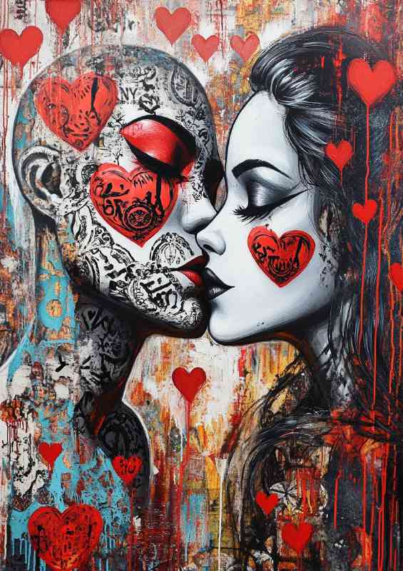 Two lovers kissing with one face painted