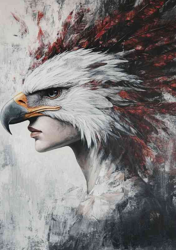 White woman with an eagle mask feathers in her hair